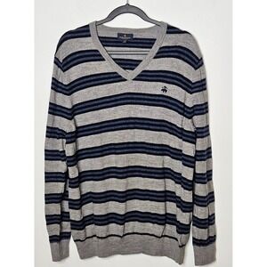 Brooks Brothers Mens XL V Neck Logo Striped Sweater Gray Blue Merino Wool‎ Blend
